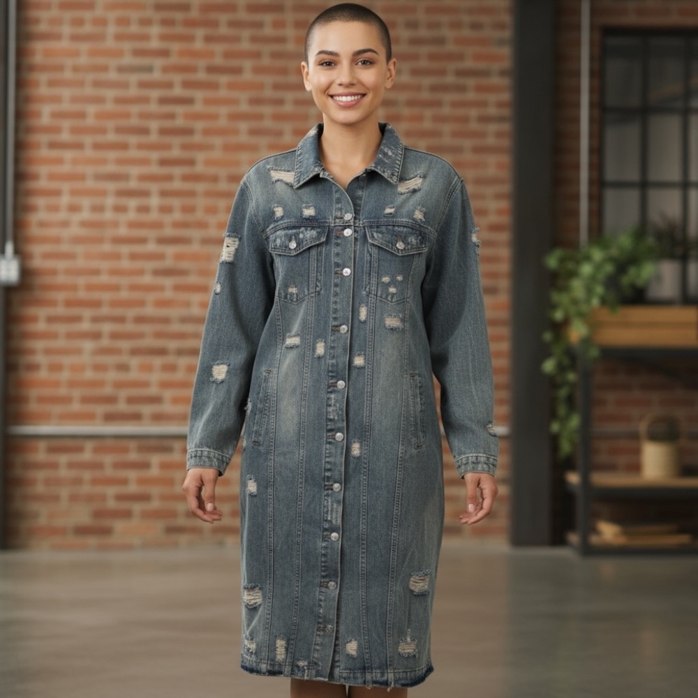 Distressed Denim Trench Coat